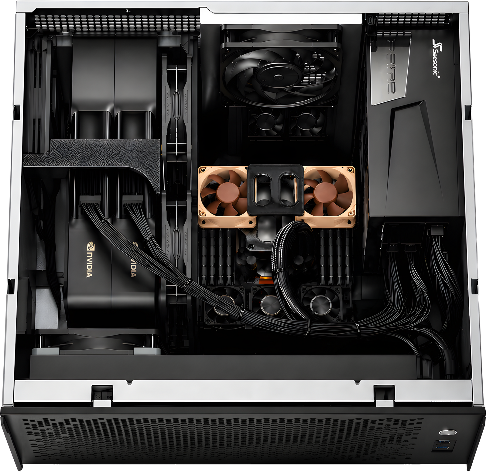 Neox Metal 4U server top-down view: dual NVIDIA GPUs, Noctua air cooler, AIO radiator and Seasonic PSU